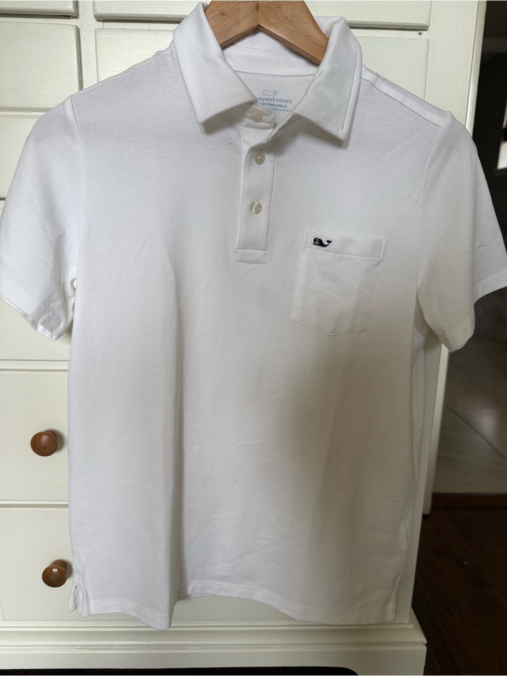 Vineyard Vines White Polo with Light Blue Whale Logo Print